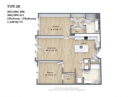 Floor plan for 2 beds, 2 baths, 1320 sqft